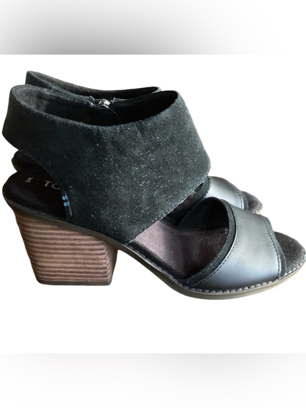 Toms Womens Black Majorca Leather Suede Cut Out Toe Heeled Sandals Size 6